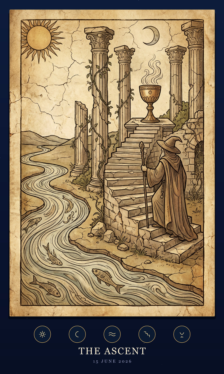 Another dreamer's card — the same sun, moon, river, steps and chalice