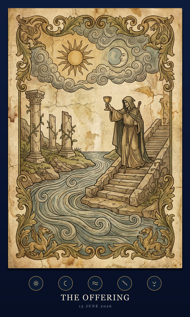 A dream card — a robed figure offers a chalice by a river, beneath sun and moon